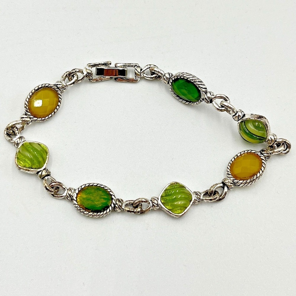 Vintage Silver Tone Green Yellow Glass Cabochon Link Bracelet Rope‎ Border Boho